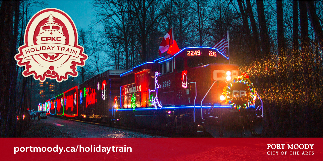 CPKC Holiday Train Logo next to a train with holiday lights on it