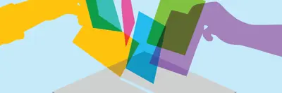 Colourful illustrated graphic of hands putting ballot in a grey box