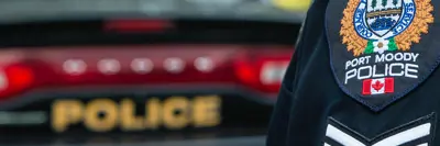 The uniform crest of a police officer standing in front of a police car