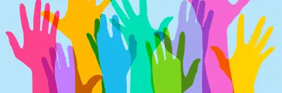Illustrated colourful hands raised in the air