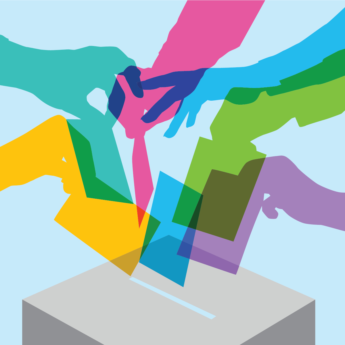 Colourful hands putting ballots in a voting box