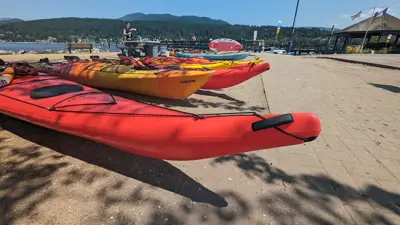 rows of kayaks at Rocky Point park