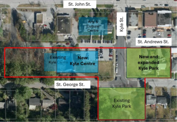 aerial photo labelled with suggested locations of new community centre, plaza and park