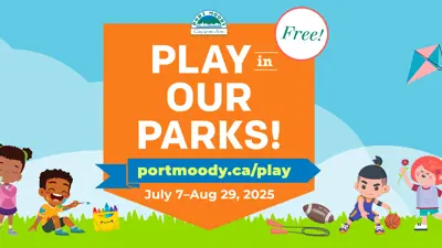 An illustrated banner with kids and adults playing, with an orange banner that says "Play in Our Parks July 7-August 29, 2025"