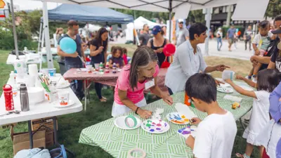 car-free day kids at crafting tables