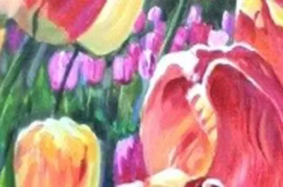 An acrylic painting of colourful tulips by Heather Anderson titled Tulips at Laconnor