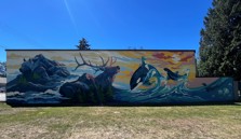 A mural with a bear, elk, orcas, seals and jellyfish