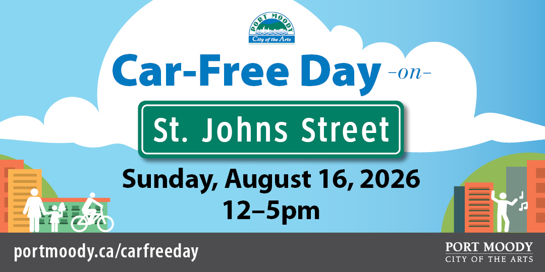 Vector images of people on a street with clouds and blue sky and text saying Car-Free Day on St Johns Street Sunday August 16, 2026 12-5pm