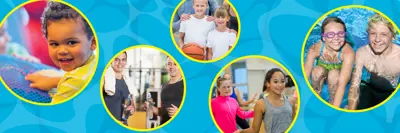 Circles with photos of toddlers, youth, and teens doing various recreation activities with a blue wave background