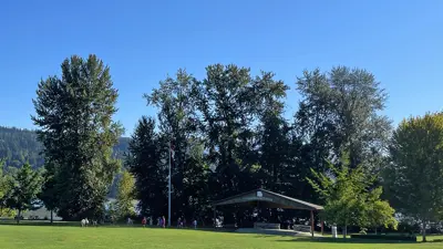 A stage in a park with trees and blue sky
