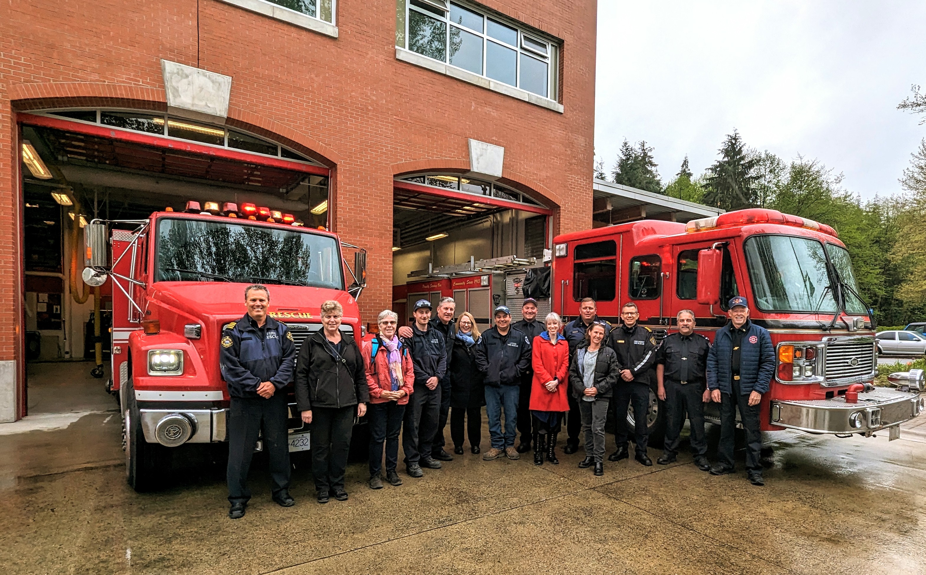 City of Port Moody donates fire apparatus to Loon Lake and Lytton fire rescue services on April 24, 2024. From left to right: Port Moody Deputy Fire Chief Kirk Heaven, Lytton Mayor Denise O’Connor, Lytton Councillor Nonie McCann, Lytton Fire & Rescue Captain Kyle Parker, Port Moody Fire Rescue Platoon Captain Patterson, Port Moody City Manager Anna Mathewson, Lytton Fire & Rescue Firefighter Dion Moody, Loon Lake Fire Department Firefighter Dom Bolognese, Port Moody Acting Mayor Amy Lubik, Port Moody Deputy Fire Chief Jason Harper, Lytton Councillor Jennifer Thoss, Port Moody Fire Chief Darcey O’Riordan, Loon Lake Fire Department Captain Franko Borri, and Loon Lake Deputy Fire Chief Bill Salisbury