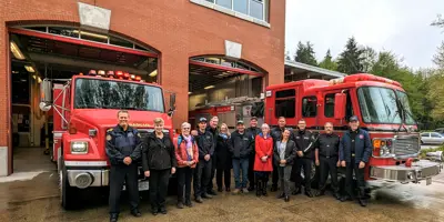 City of Port Moody donates fire apparatus to Loon Lake and Lytton fire rescue services on April 24, 2024. From left to right: Port Moody Deputy Fire Chief Kirk Heaven, Lytton Mayor Denise O’Connor, Lytton Councillor Nonie McCann, Lytton Fire & Rescue Captain Kyle Parker, Port Moody Fire Rescue Platoon Captain Patterson, Port Moody City Manager Anna Mathewson, Lytton Fire & Rescue Firefighter Dion Moody, Loon Lake Fire Department Firefighter Dom Bolognese, Port Moody Acting Mayor Amy Lubik, Port Moody 