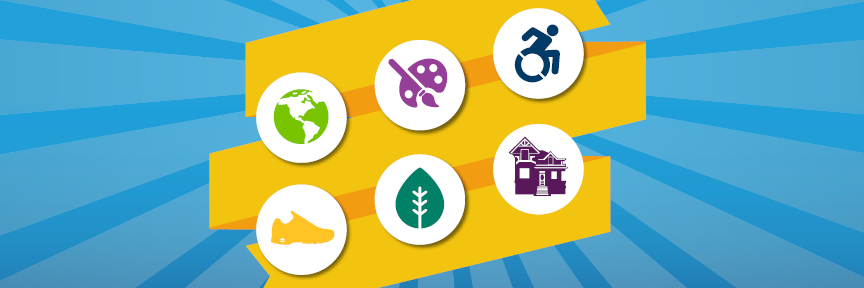 Icons of a globe, paintbrush and pallet, international symbol of access, shoe, leaf, and house