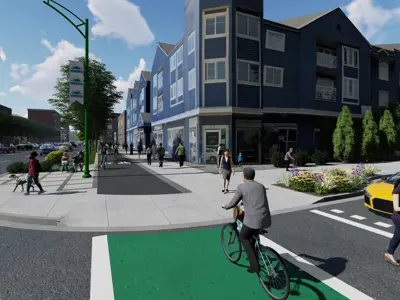 rendering of new multi-use pathway with cyclist and pedestrians
