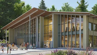 Rendering of proposed building with tall glass windows and slanted roof