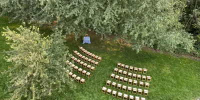 An aerial view of the seating arrangement for a wedding ceremony