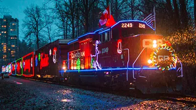 Train decorated with holiday lights