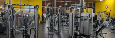 The weight room at Port Moody Recreation Complex, featuring a variety of exercise machines, including treadmills, weightlifting equipment, and strength-training stations, set in a well-lit, spacious environment.